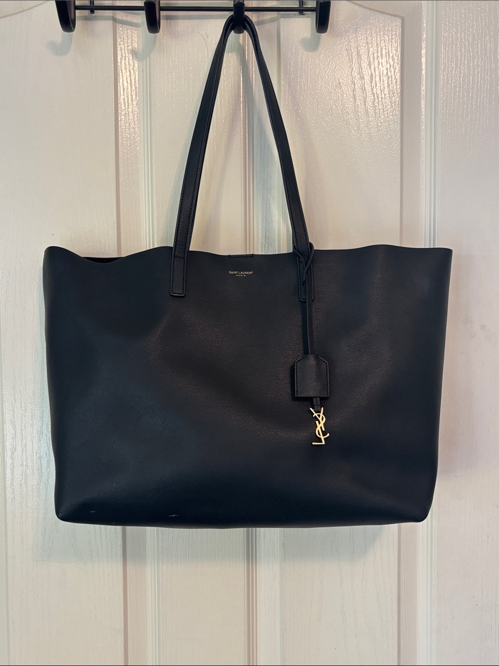 YSL Saint Laurent Black Pebbled Leather Tote Sac Shopping